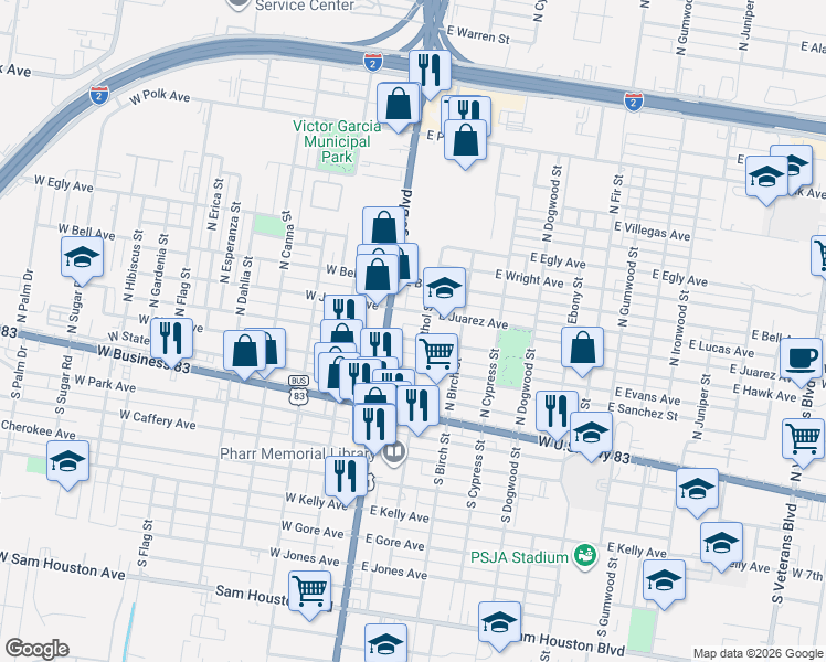 map of restaurants, bars, coffee shops, grocery stores, and more near 125 East Hawk Avenue in Pharr