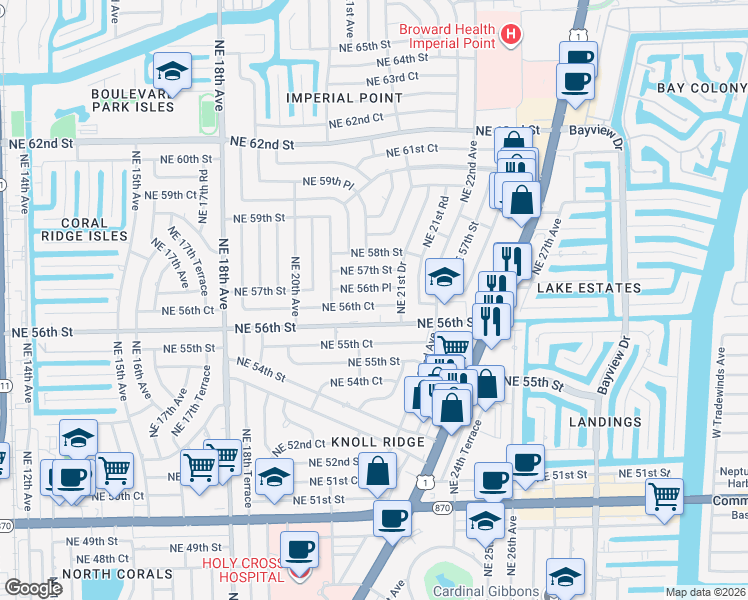 map of restaurants, bars, coffee shops, grocery stores, and more near 2143 Northeast 56th Court in Fort Lauderdale
