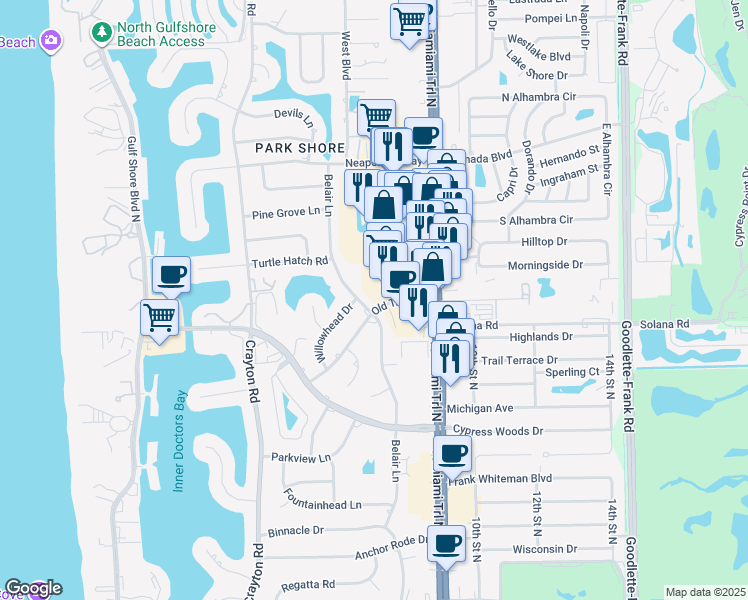 map of restaurants, bars, coffee shops, grocery stores, and more near 4104 Belair Lane in Naples