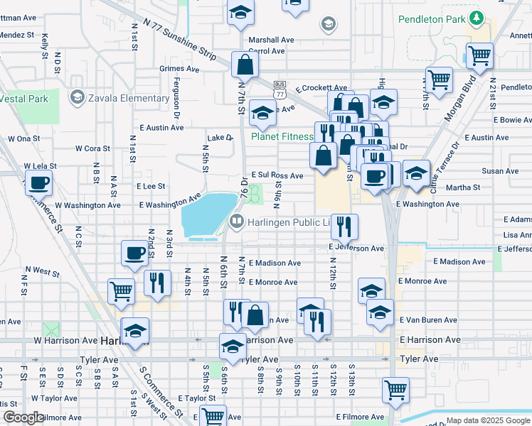 map of restaurants, bars, coffee shops, grocery stores, and more near 811 East Washington Avenue in Harlingen