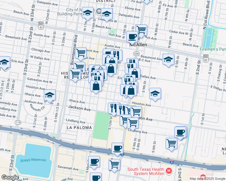 map of restaurants, bars, coffee shops, grocery stores, and more near 620 South 12th Street in McAllen