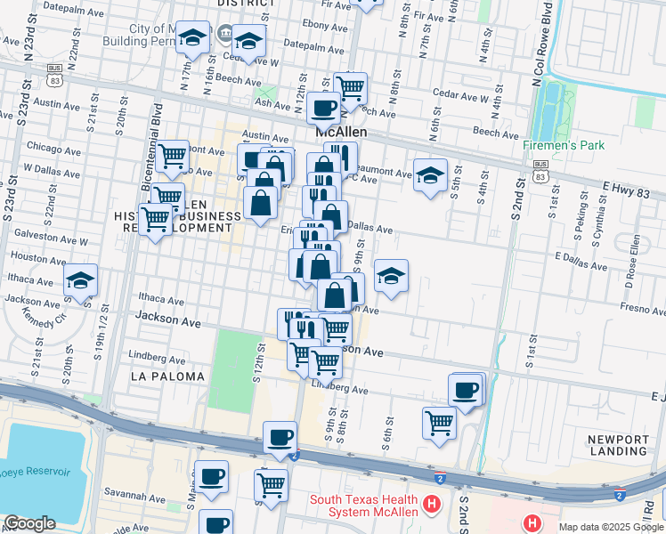 map of restaurants, bars, coffee shops, grocery stores, and more near 609 South 10th Street in McAllen