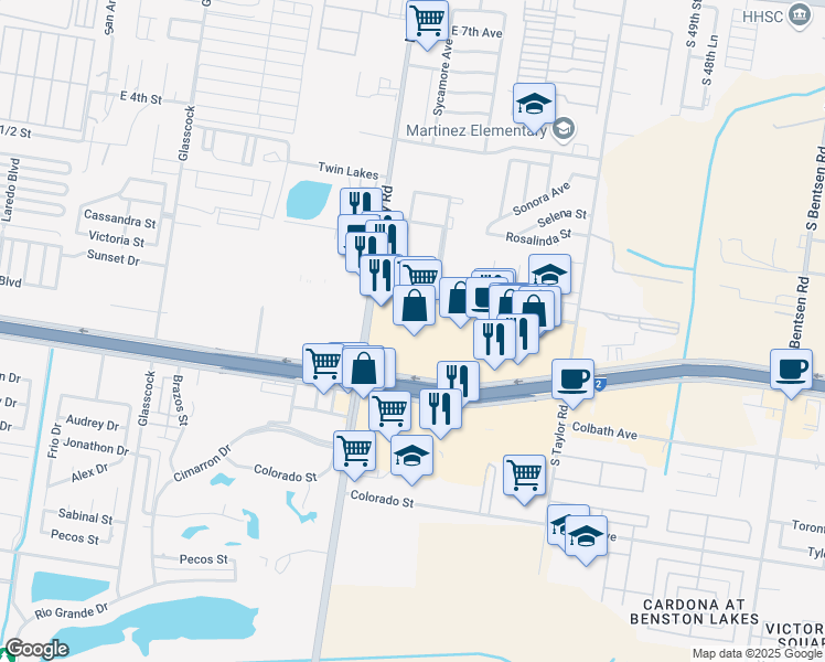 map of restaurants, bars, coffee shops, grocery stores, and more near 2409 East Expressway 83 in Mission