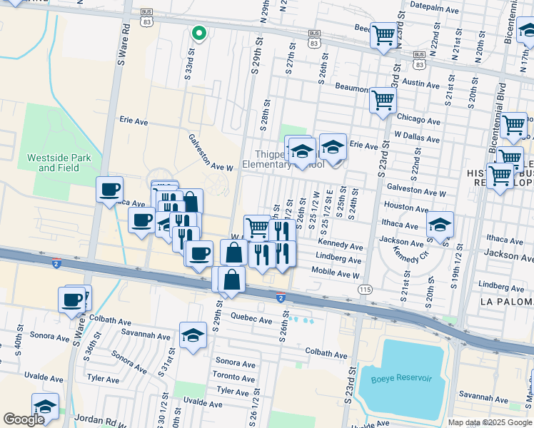 map of restaurants, bars, coffee shops, grocery stores, and more near 909 South 27 1/2 Street in McAllen