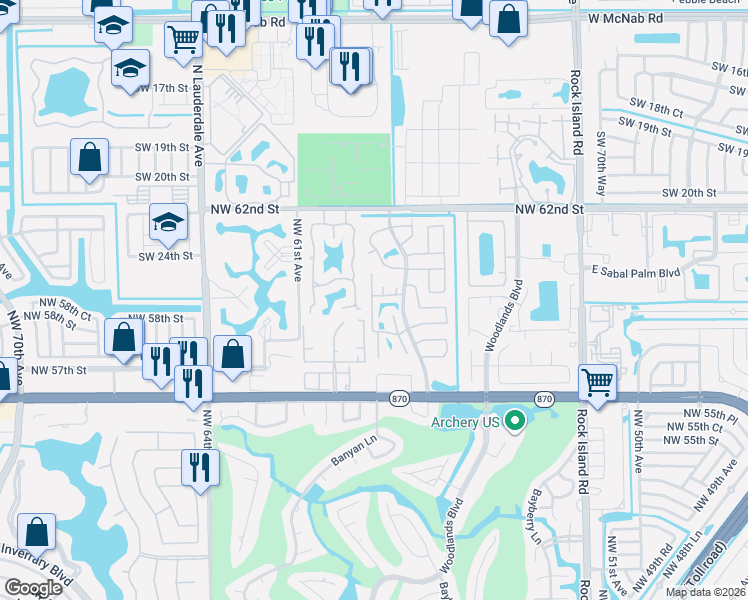 map of restaurants, bars, coffee shops, grocery stores, and more near 5916 Woodland Point Place in Tamarac