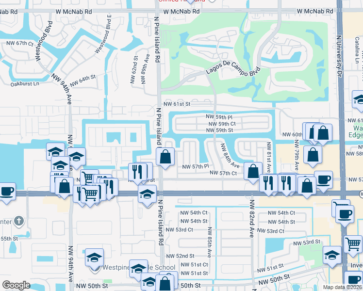 map of restaurants, bars, coffee shops, grocery stores, and more near 5805 Northwest 86th Terrace in Tamarac