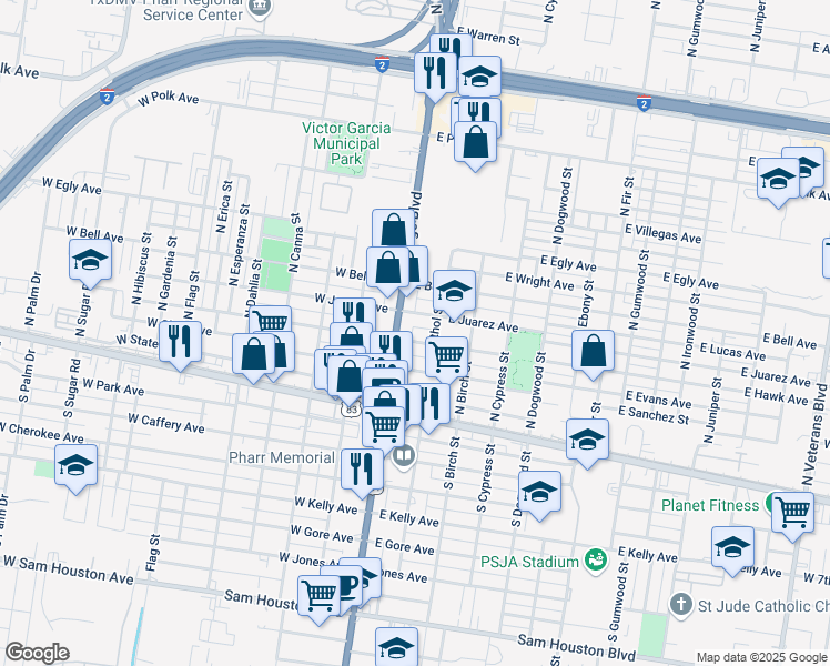map of restaurants, bars, coffee shops, grocery stores, and more near 125 East Hawk Avenue in Pharr