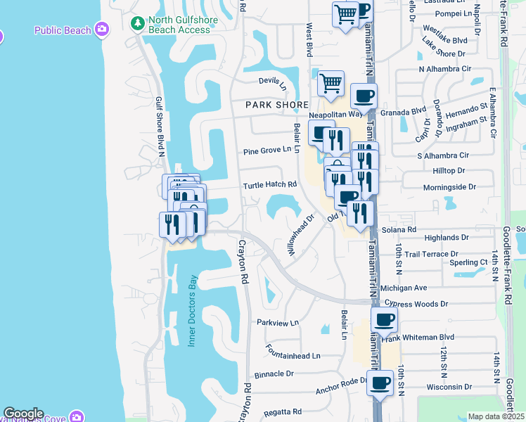 map of restaurants, bars, coffee shops, grocery stores, and more near 4042 Crayton Road in Naples