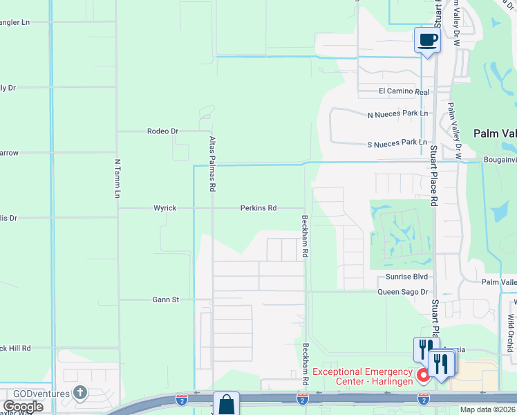 map of restaurants, bars, coffee shops, grocery stores, and more near 15606-15998 Perkins Road in Harlingen