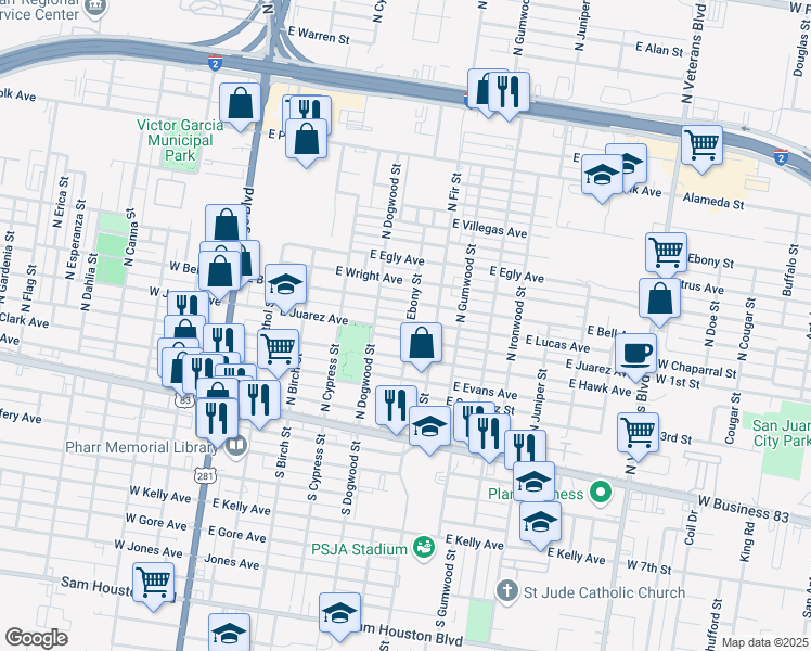 map of restaurants, bars, coffee shops, grocery stores, and more near 524 E Lucas Ave in Pharr