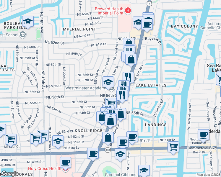 map of restaurants, bars, coffee shops, grocery stores, and more near 2210 Northeast 56th Place in Fort Lauderdale