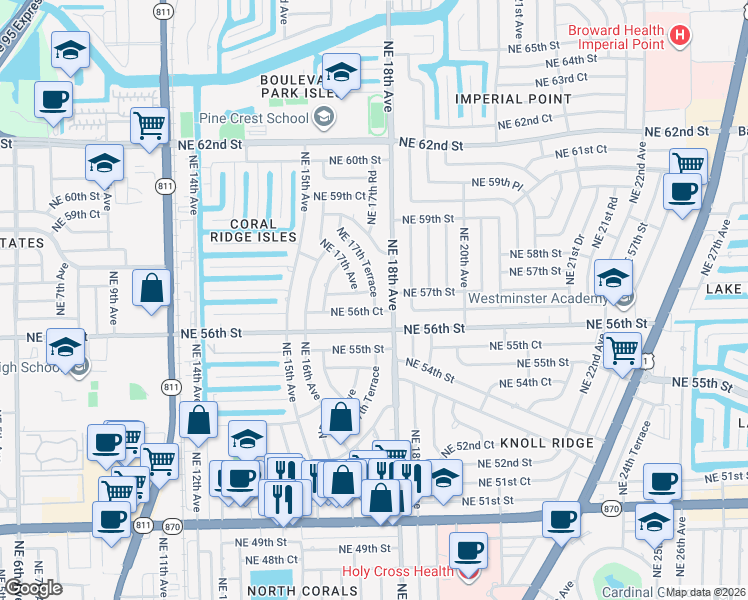map of restaurants, bars, coffee shops, grocery stores, and more near 1721 Northeast 56th Court in Fort Lauderdale