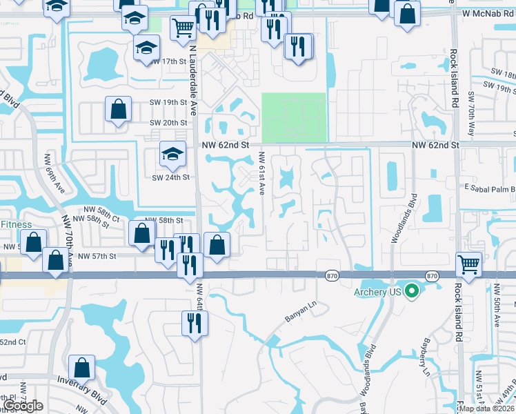 map of restaurants, bars, coffee shops, grocery stores, and more near 6181 Pine Tree Lane in Tamarac