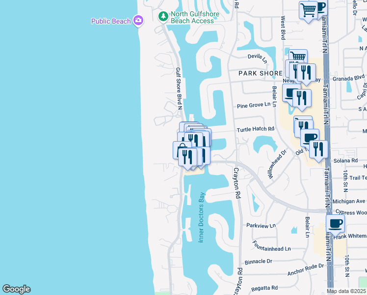 map of restaurants, bars, coffee shops, grocery stores, and more near 4151 Gulf Shore Boulevard North in Naples