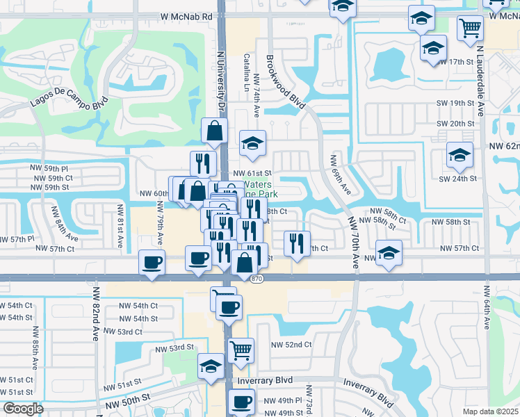 map of restaurants, bars, coffee shops, grocery stores, and more near 7409 Northwest 58th Court in Tamarac