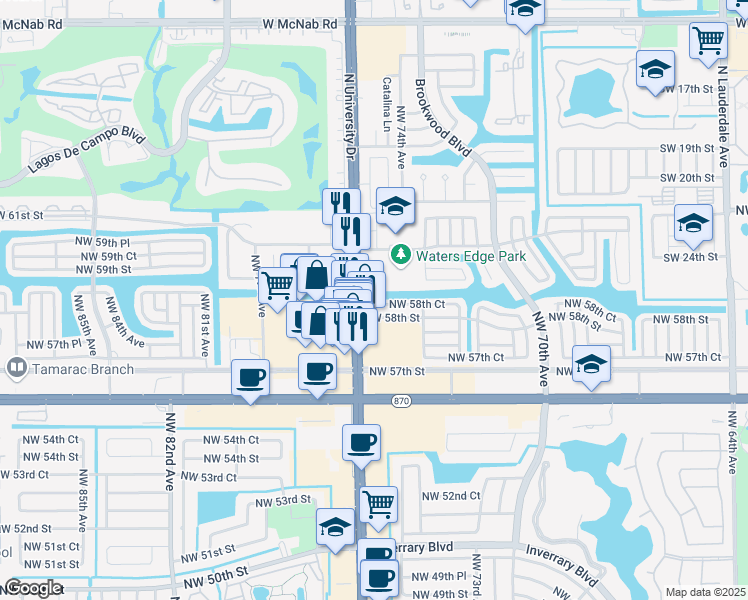 map of restaurants, bars, coffee shops, grocery stores, and more near 7509 Northwest 58th Court in Tamarac