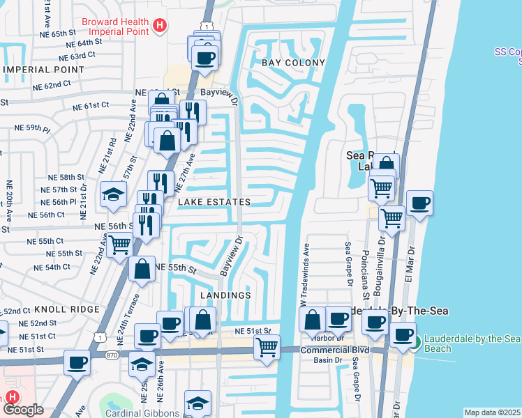 map of restaurants, bars, coffee shops, grocery stores, and more near 3111 Northeast 56th Court in Fort Lauderdale