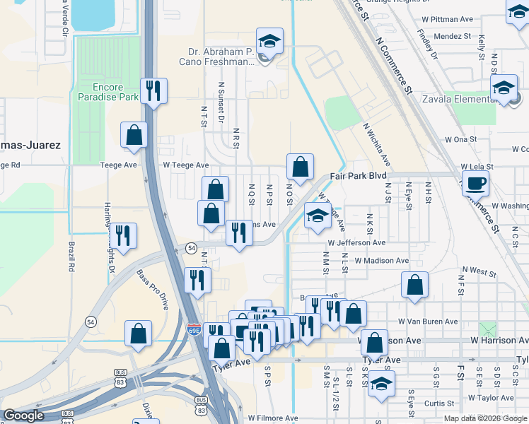 map of restaurants, bars, coffee shops, grocery stores, and more near 514 North Q Street in Harlingen