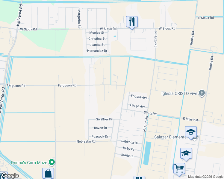 map of restaurants, bars, coffee shops, grocery stores, and more near 617 Ferguson Road in Donna