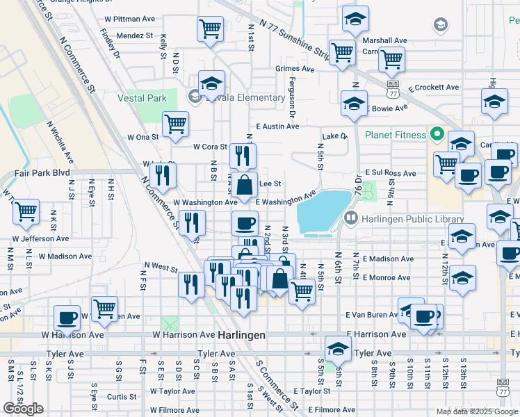 map of restaurants, bars, coffee shops, grocery stores, and more near 114 E Washington Ave in Harlingen
