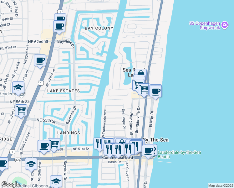 map of restaurants, bars, coffee shops, grocery stores, and more near 17 Minnetonka Road in Sea Ranch Lakes