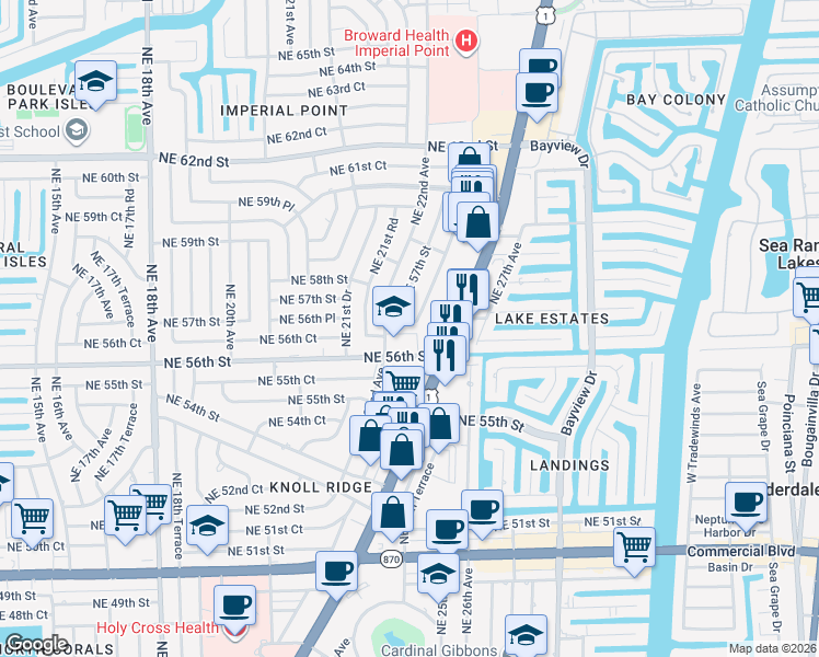 map of restaurants, bars, coffee shops, grocery stores, and more near 2210 Northeast 56th Place in Fort Lauderdale