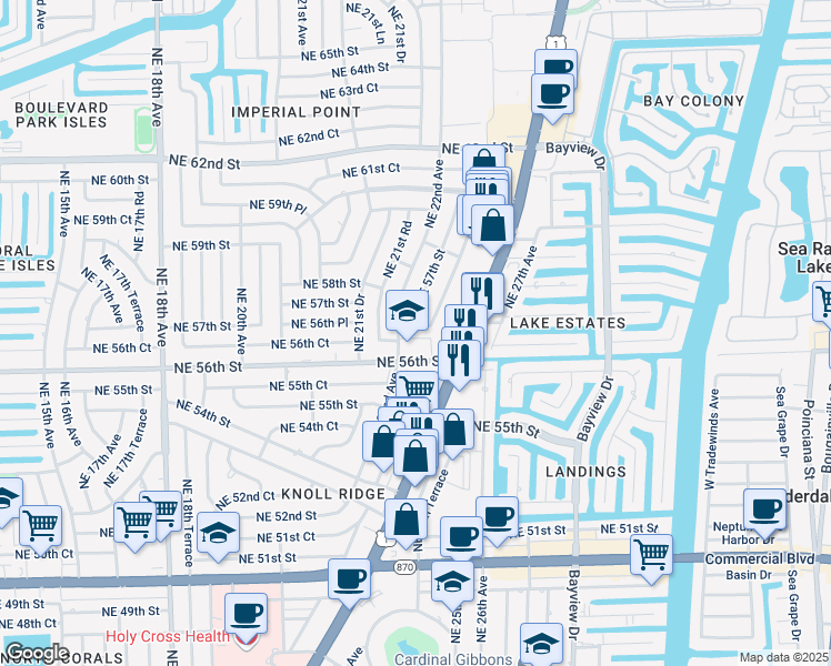 map of restaurants, bars, coffee shops, grocery stores, and more near 2210 Northeast 56th Place in Fort Lauderdale