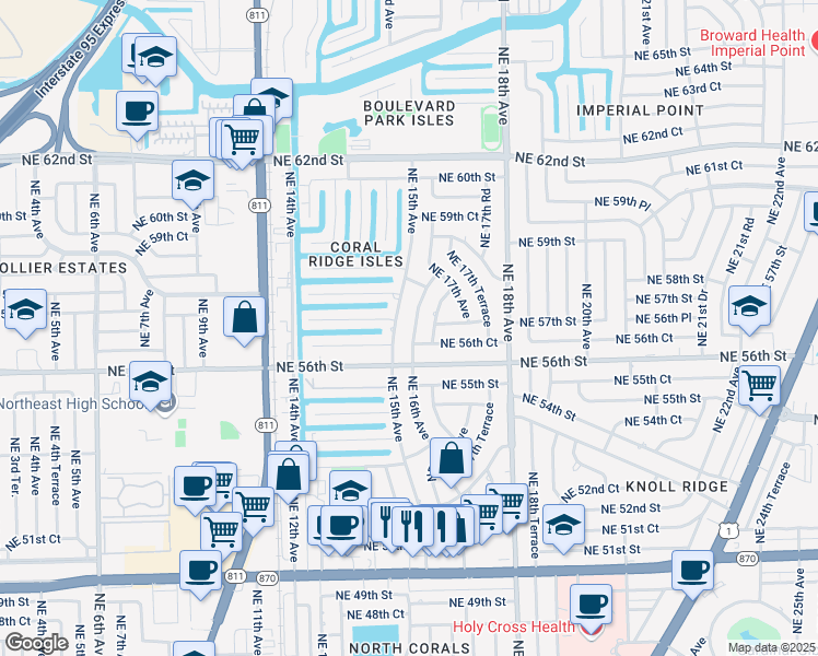 map of restaurants, bars, coffee shops, grocery stores, and more near 5641 Northeast 16th Avenue in Fort Lauderdale
