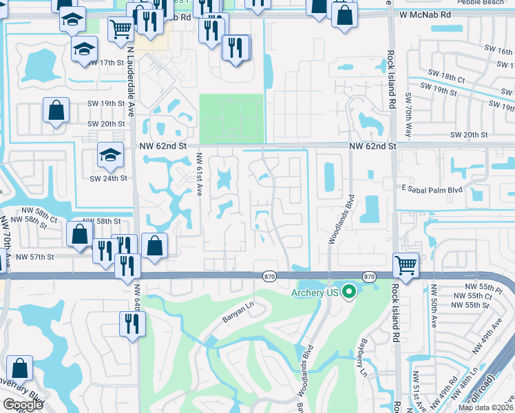 map of restaurants, bars, coffee shops, grocery stores, and more near 5891 Woodland Point Drive in Tamarac