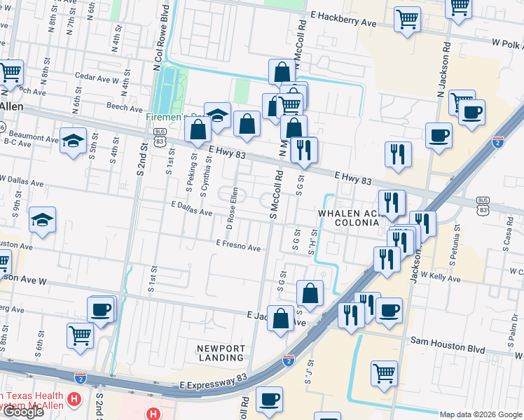 map of restaurants, bars, coffee shops, grocery stores, and more near 625 East Dallas Avenue in McAllen