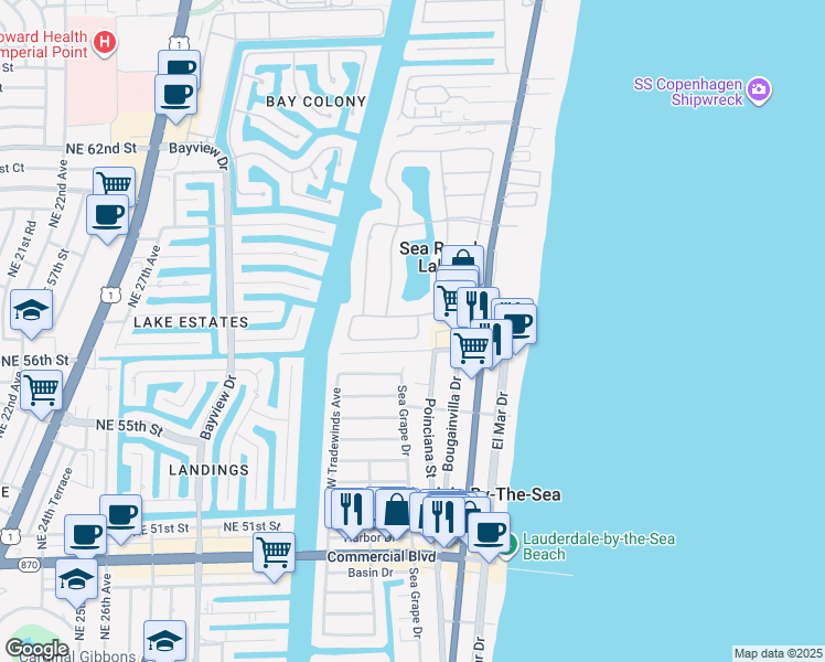 map of restaurants, bars, coffee shops, grocery stores, and more near 7 Minnetonka Road in Sea Ranch Lakes