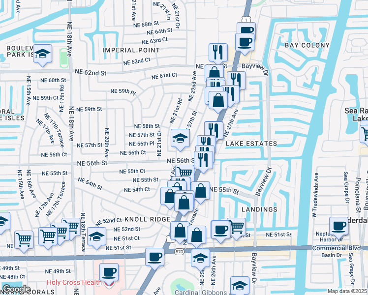 map of restaurants, bars, coffee shops, grocery stores, and more near 2210 Northeast 56th Place in Fort Lauderdale
