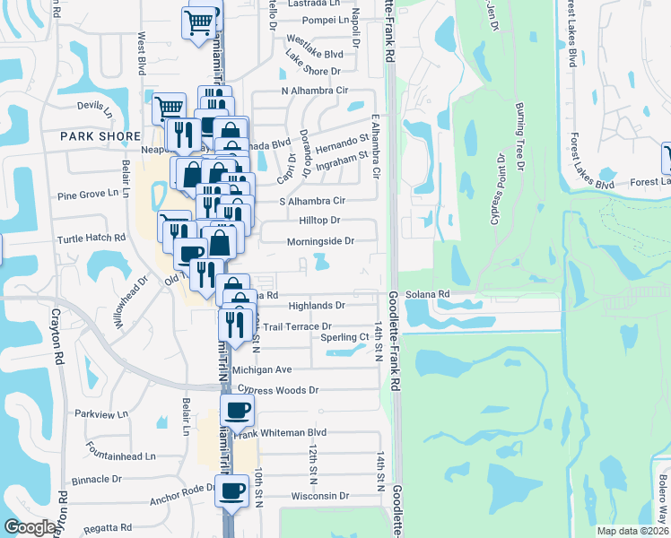map of restaurants, bars, coffee shops, grocery stores, and more near 1357 Solana Road in Naples