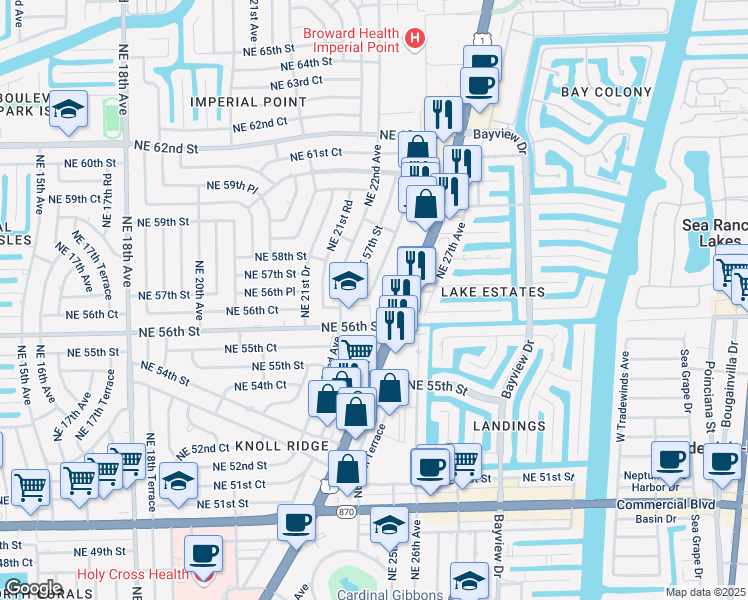 map of restaurants, bars, coffee shops, grocery stores, and more near 2250 Northeast 56th Place in Fort Lauderdale