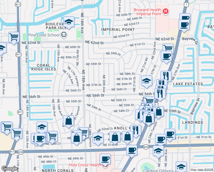 map of restaurants, bars, coffee shops, grocery stores, and more near 5650 Northeast 20th Avenue in Fort Lauderdale