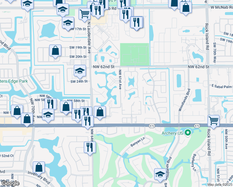 map of restaurants, bars, coffee shops, grocery stores, and more near 6181 Pine Tree Lane in Tamarac