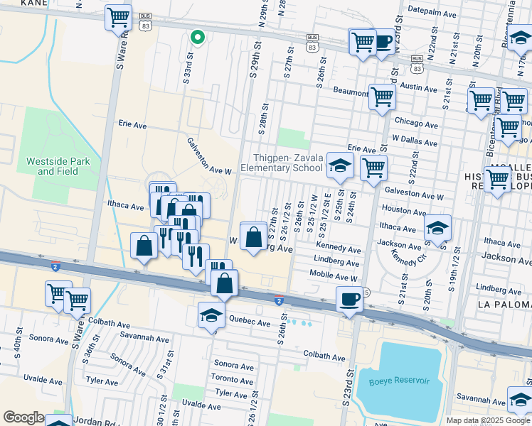 map of restaurants, bars, coffee shops, grocery stores, and more near 909 South 27 1/2 Street in McAllen
