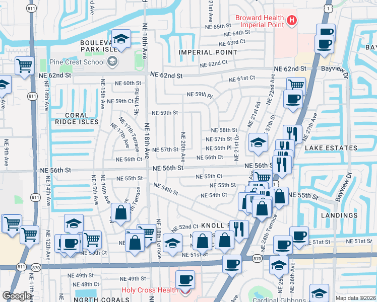 map of restaurants, bars, coffee shops, grocery stores, and more near 5650 Northeast 20th Avenue in Fort Lauderdale