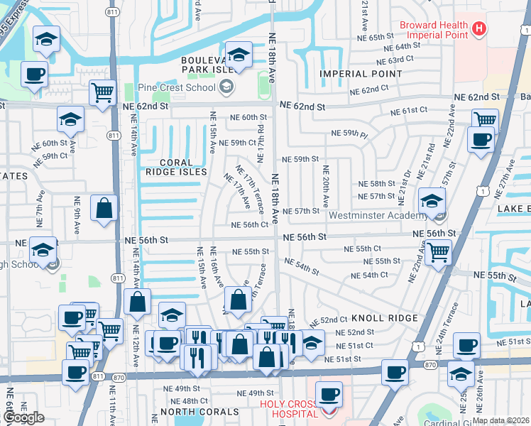 map of restaurants, bars, coffee shops, grocery stores, and more near 1721 Northeast 56th Court in Fort Lauderdale