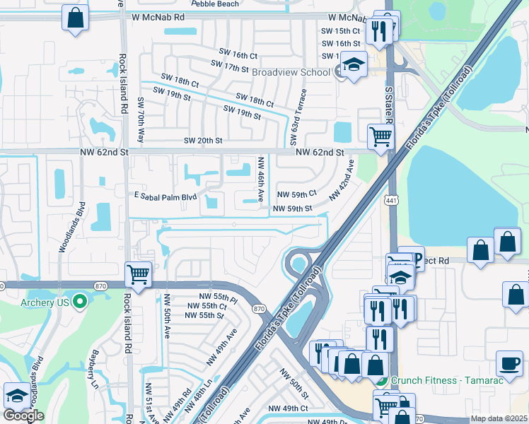 map of restaurants, bars, coffee shops, grocery stores, and more near 4727 Northwest 59th Street in Tamarac