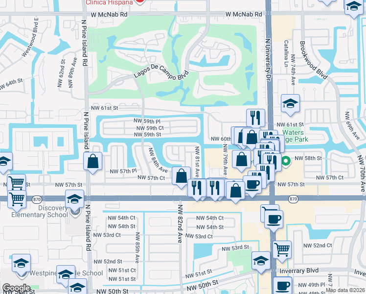 map of restaurants, bars, coffee shops, grocery stores, and more near 5809 Northwest 82nd Terrace in Tamarac