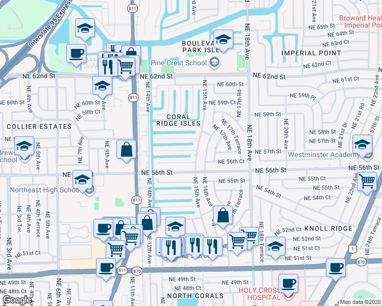 map of restaurants, bars, coffee shops, grocery stores, and more near 1461 Northeast 56th Court in Fort Lauderdale