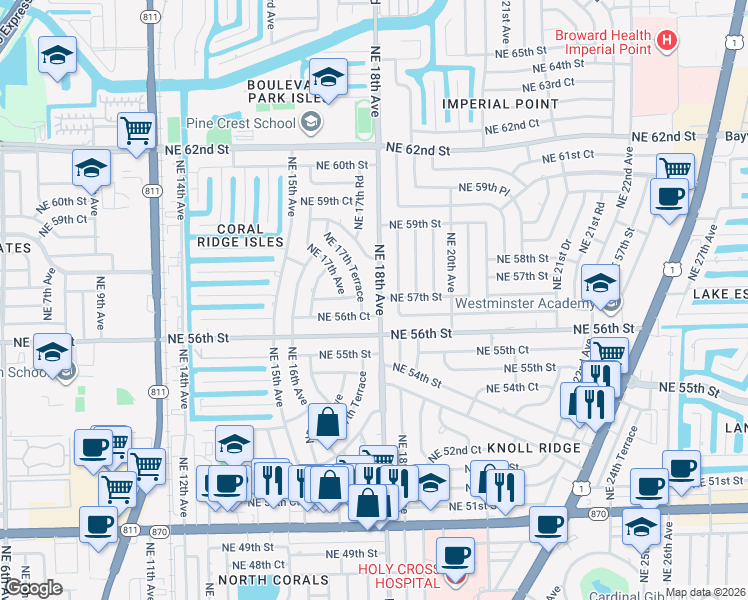 map of restaurants, bars, coffee shops, grocery stores, and more near 5630 Northeast 18th Avenue in Fort Lauderdale