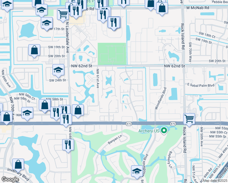 map of restaurants, bars, coffee shops, grocery stores, and more near 6181 Laurel Lane in Tamarac