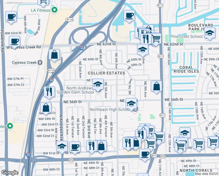 map of restaurants, bars, coffee shops, grocery stores, and more near 5642 Northeast 5th Avenue in Fort Lauderdale