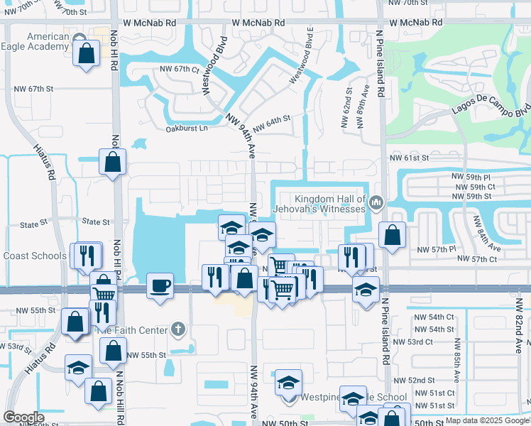 map of restaurants, bars, coffee shops, grocery stores, and more near 5910 Northwest 93rd Terrace in Tamarac