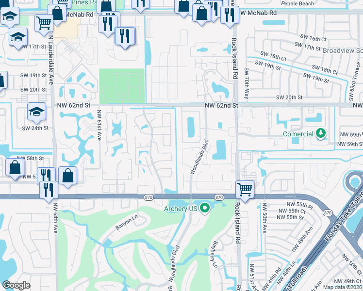 map of restaurants, bars, coffee shops, grocery stores, and more near 5880 Northwest 57th Avenue in Tamarac