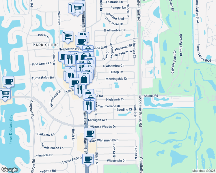 map of restaurants, bars, coffee shops, grocery stores, and more near 1147 Shady Rest Lane in Naples