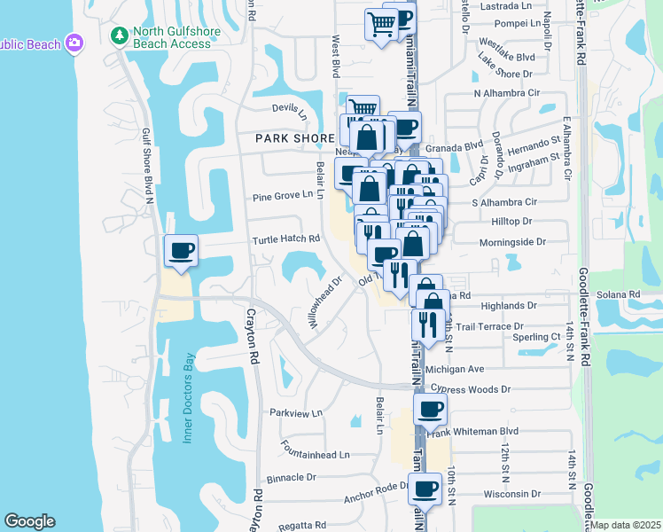 map of restaurants, bars, coffee shops, grocery stores, and more near 4117 Belair Lane in Naples