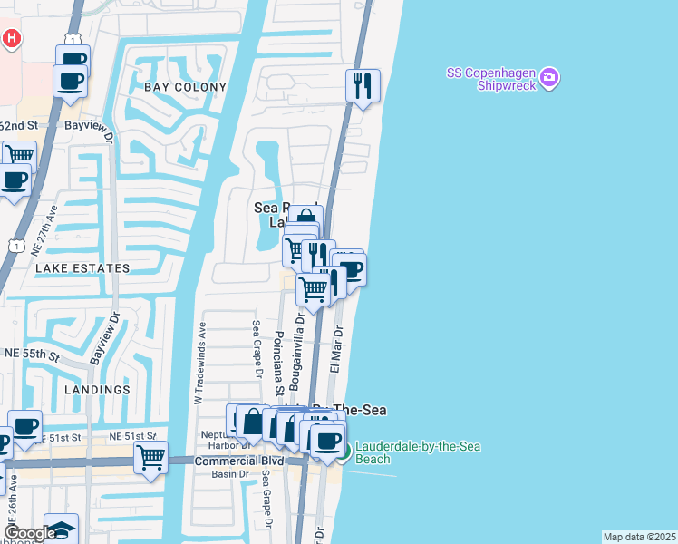 map of restaurants, bars, coffee shops, grocery stores, and more near 4900 North Ocean Boulevard in Lauderdale-by-the-Sea